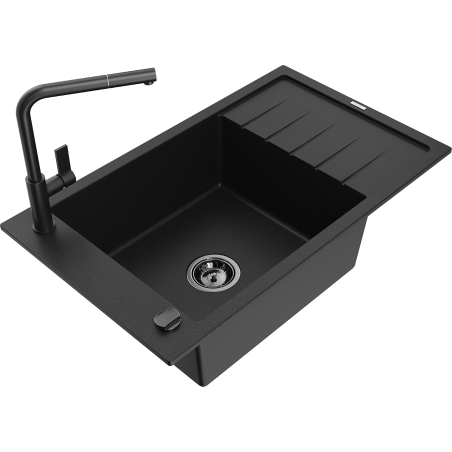 Mexen Elias 1-compartment granite sink with a drip tray and kitchen mixer tap Flora, Black - 6511-77-670401-70-B