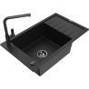 Mexen Elias granite kitchen sink 1-bowl with drainer and Flora kitchen faucet, black - 6511-77-670401-70-B