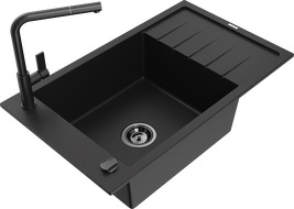 Mexen Elias granite sink single-bowl with drainer and Flora kitchen faucet, black - 6511-77-670401-70-B