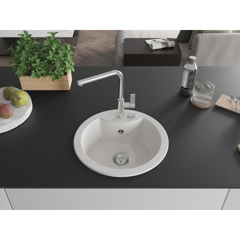 Mexen Diego granite kitchen sink 1-bowl with Flora kitchen faucet, white - 6512-20-670401-00