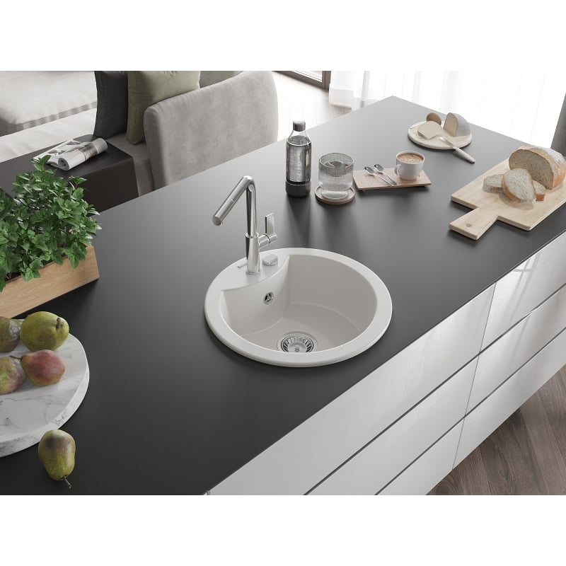 Mexen Diego granite kitchen sink single-bowl with Flora kitchen faucet, white - 6512-20-670401-00