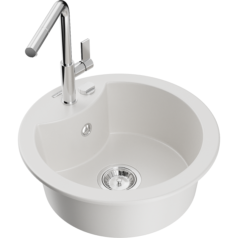 Mexen Diego 1-compartment granite sink with a kitchen mixer tap Flora, White - 6512-20-670401-00