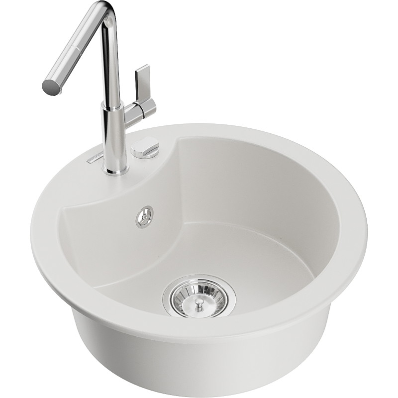 Mexen Diego granite kitchen sink single-bowl with Flora kitchen faucet, white - 6512-20-670401-00