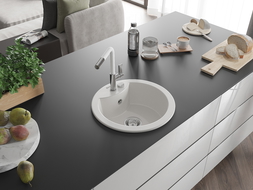 Mexen Diego 1-compartment granite sink with a kitchen mixer tap Flora, White - 6512-20-670401-02