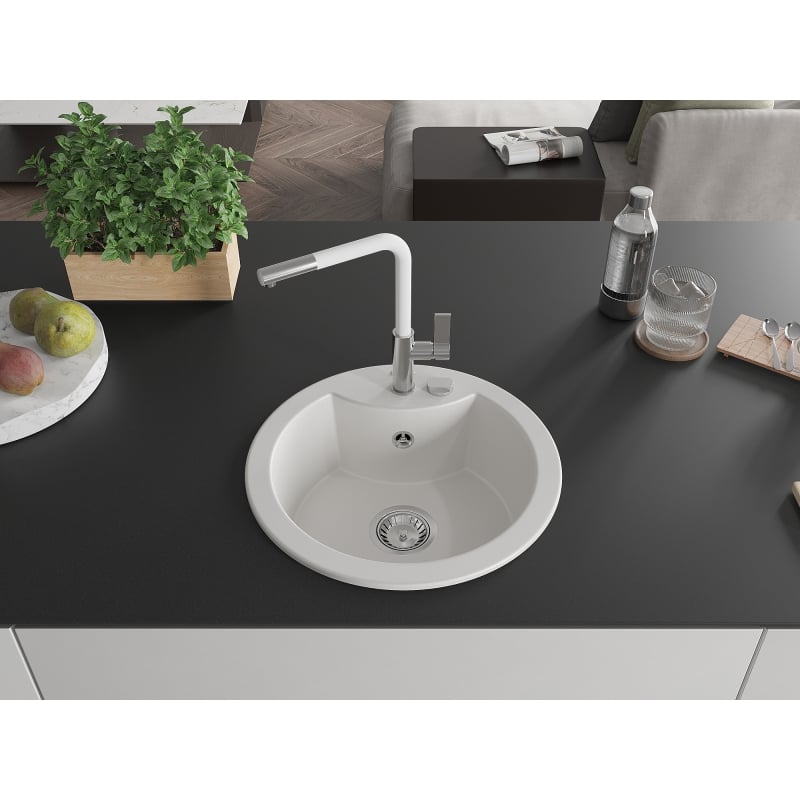 Mexen Diego granite kitchen sink 1-bowl with Flora kitchen faucet, white - 6512-20-670401-02