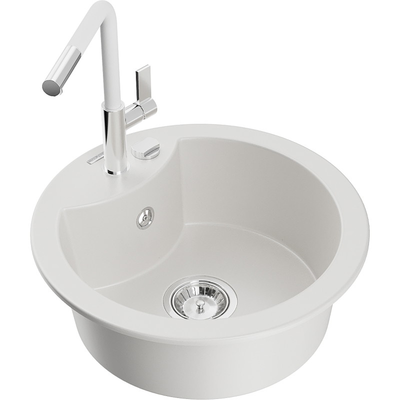Mexen Diego granite kitchen sink 1-bowl with Flora kitchen faucet, white - 6512-20-670401-02