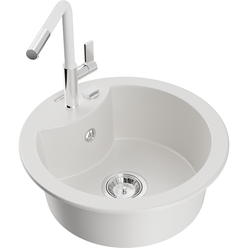 Mexen Diego granite sink with 1 bowl and Flora kitchen tap, white - 6512-20-670401-02