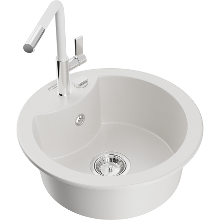 Mexen Diego 1-compartment granite sink with a kitchen mixer tap Flora, White - 6512-20-670401-02