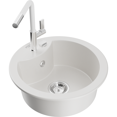 Mexen Diego granite sink with 1 bowl and Flora kitchen tap, white - 6512-20-670401-02