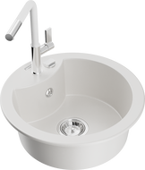 Mexen Diego 1-compartment granite sink with a kitchen mixer tap Flora, White - 6512-20-670401-02