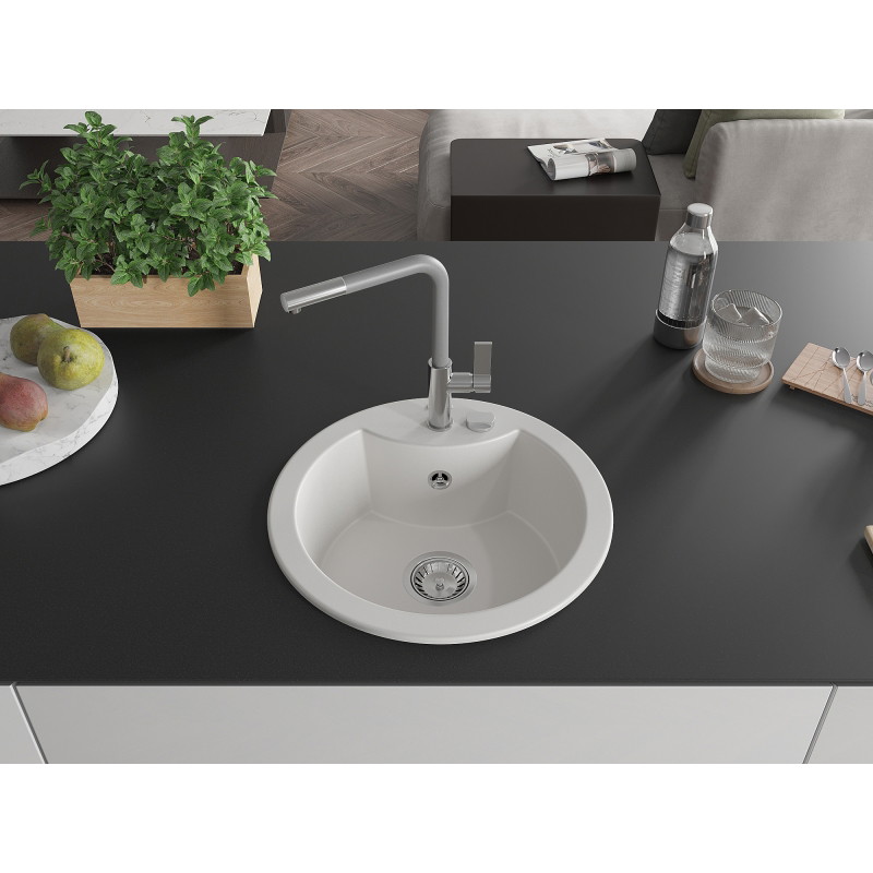 Mexen Diego 1-bowl granite sink with Flora kitchen faucet, white - 6512-20-670401-06