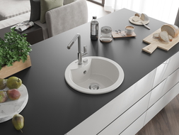 Mexen Diego 1-compartment granite sink with a kitchen mixer tap Flora, White - 6512-20-670401-06