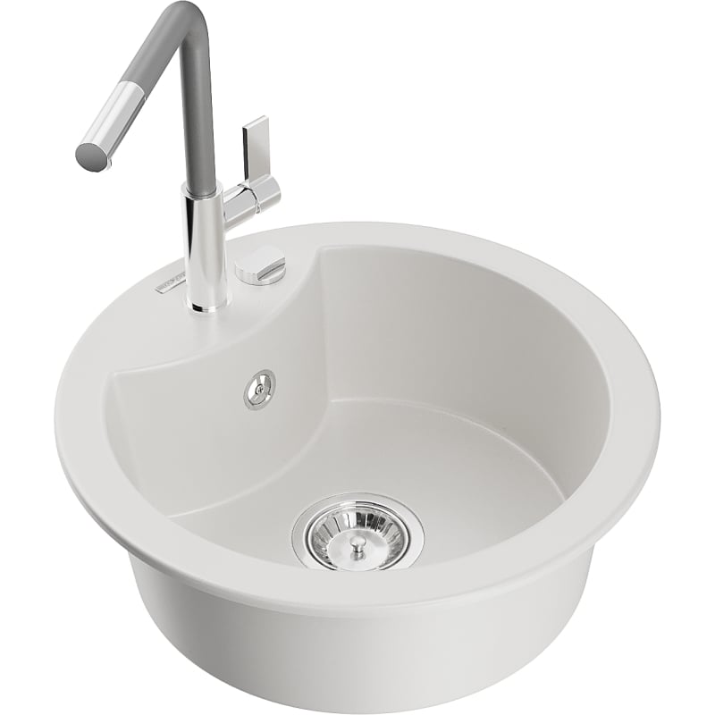 Mexen Diego granite single-bowl kitchen sink with Flora kitchen faucet, white - 6512-20-670401-06