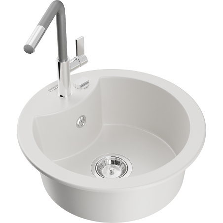 Mexen Diego 1-compartment granite sink with a kitchen mixer tap Flora, White - 6512-20-670401-06