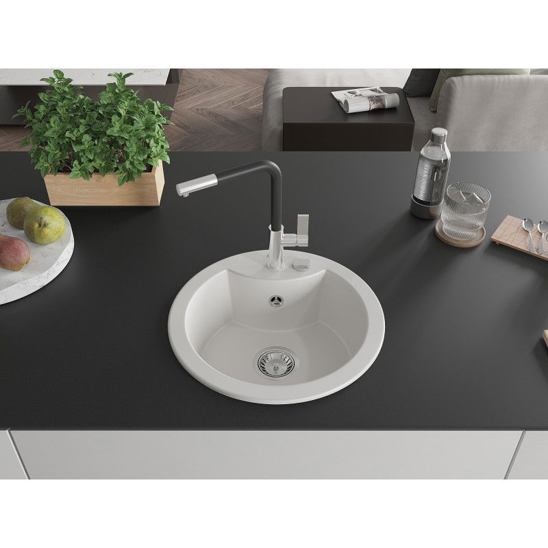 Mexen Diego 1-bowl granite sink with Flora kitchen tap, white - 6512-20-670401-07
