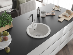 Mexen Diego 1-bowl granite sink with Flora kitchen faucet, white - 6512-20-670401-07