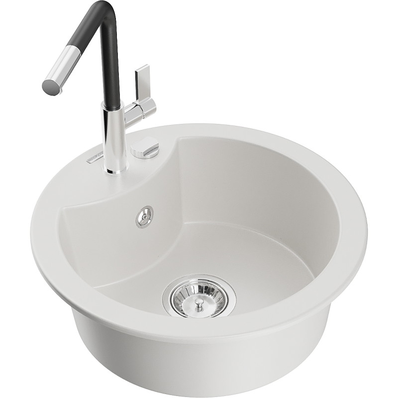 Mexen Diego 1-bowl granite sink with Flora kitchen faucet, white - 6512-20-670401-07