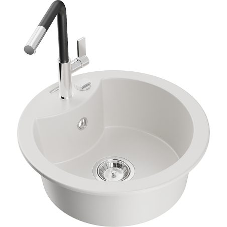 Mexen Diego 1-bowl granite sink with Flora kitchen tap, white - 6512-20-670401-07