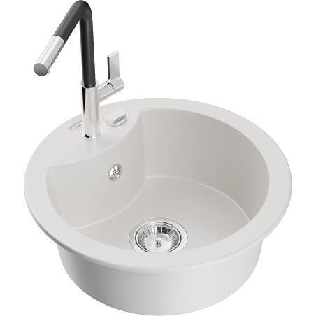 Mexen Diego granite kitchen sink single-bowl with Flora kitchen faucet, white - 6512-20-670401-07