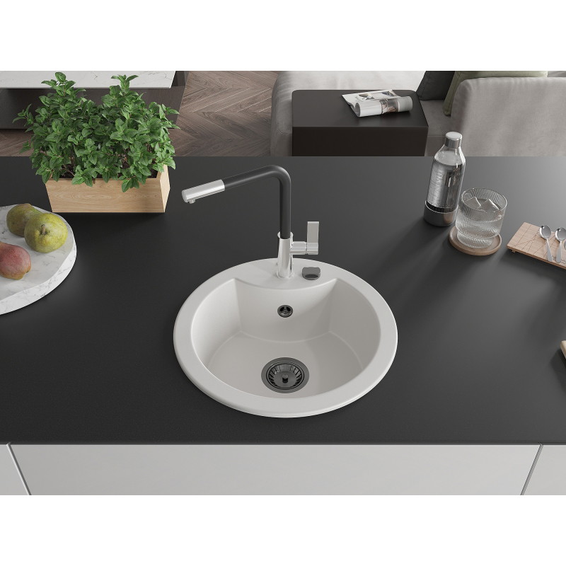 Mexen Diego 1-Bowl Granite Sink with Flora Kitchen Faucet, White - 6512-20-670401-07-B