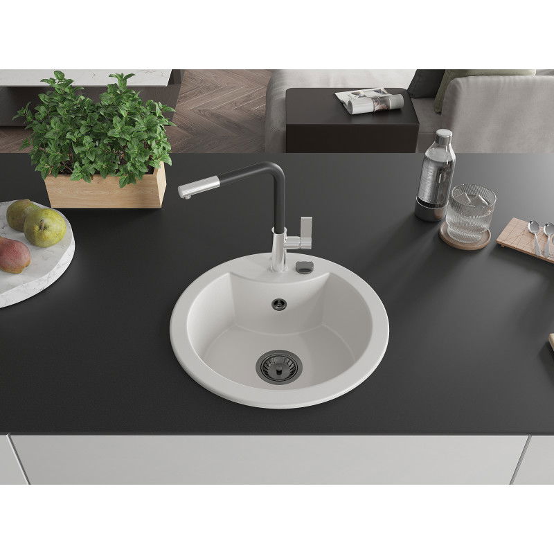 Mexen Diego single-bowl granite sink with Flora kitchen tap, white - 6512-20-670401-07-B
