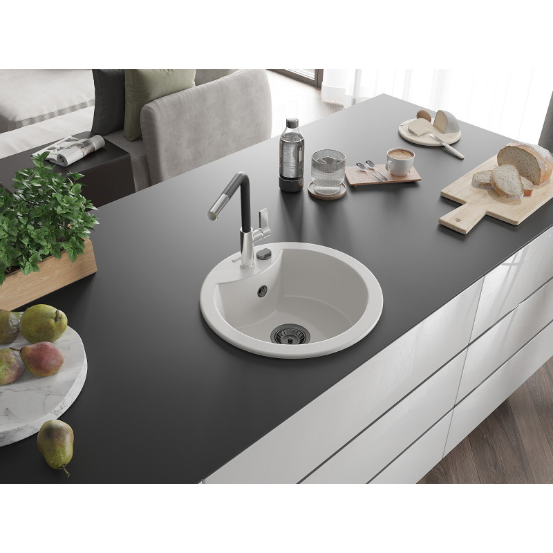 Mexen Diego single-bowl granite sink with Flora kitchen faucet, white - 6512-20-670401-07-B