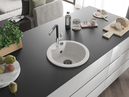 Mexen Diego 1-compartment granite sink with a kitchen mixer tap Flora, White - 6512-20-670401-07-B