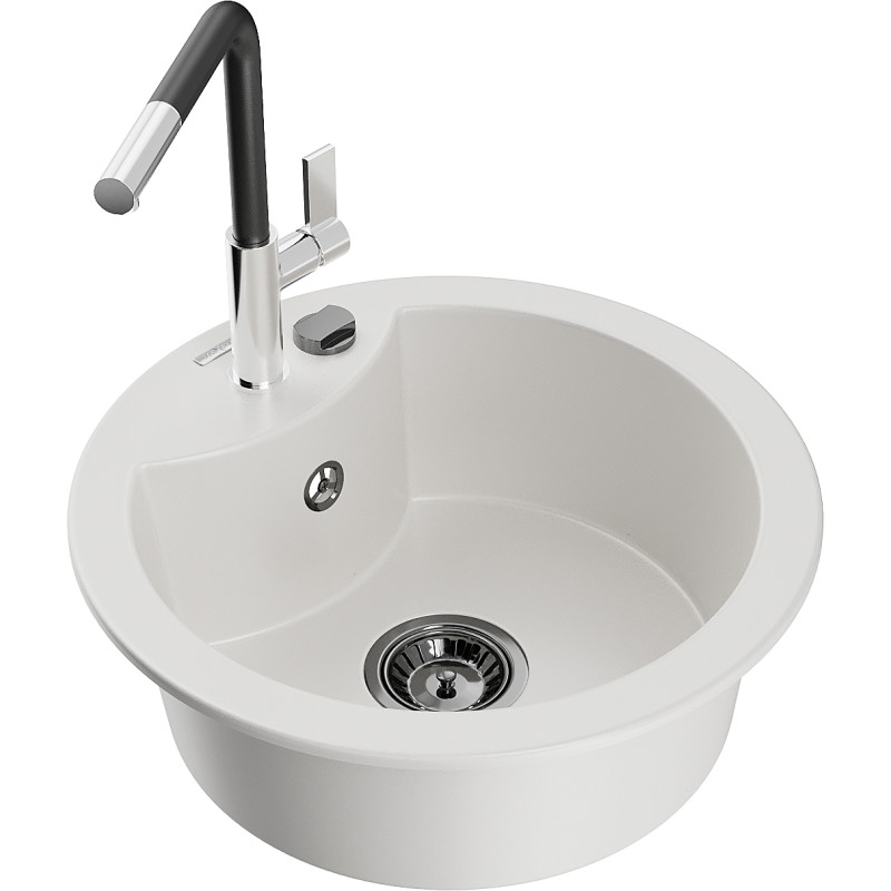 Mexen Diego single-bowl granite sink with Flora kitchen faucet, white - 6512-20-670401-07-B