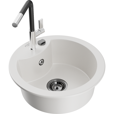 Mexen Diego 1-Bowl Granite Sink with Flora Kitchen Faucet, White - 6512-20-670401-07-B