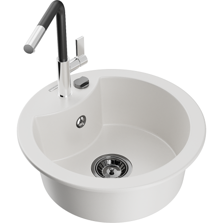 Mexen Diego single-bowl granite sink with Flora kitchen tap, white - 6512-20-670401-07-B