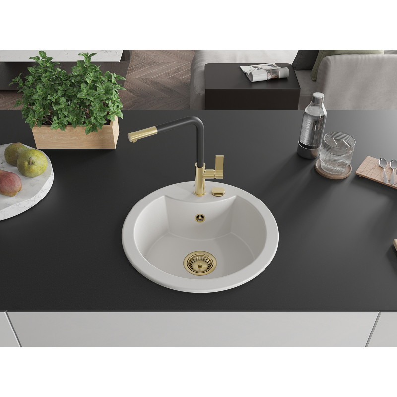 Mexen Diego granite 1-bowl sink with Flora kitchen faucet, white - 6512-20-670401-57-G