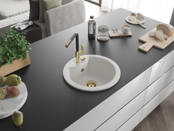 Mexen Diego 1-compartment granite sink with a kitchen mixer tap Flora, White - 6512-20-670401-57-G