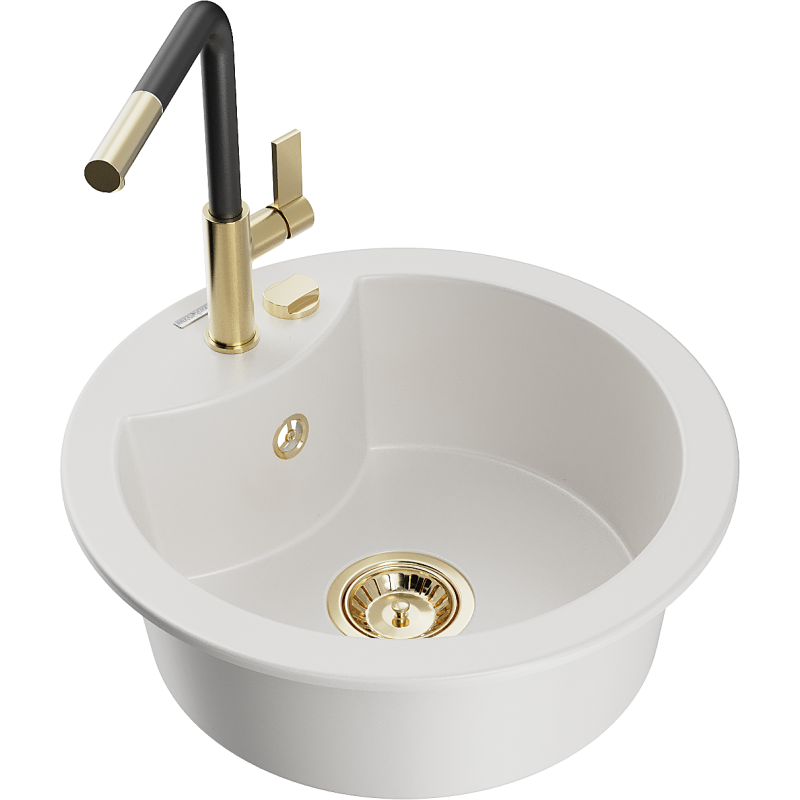 Mexen Diego 1-bowl granite sink with Flora kitchen tap, white - 6512-20-670401-57-G