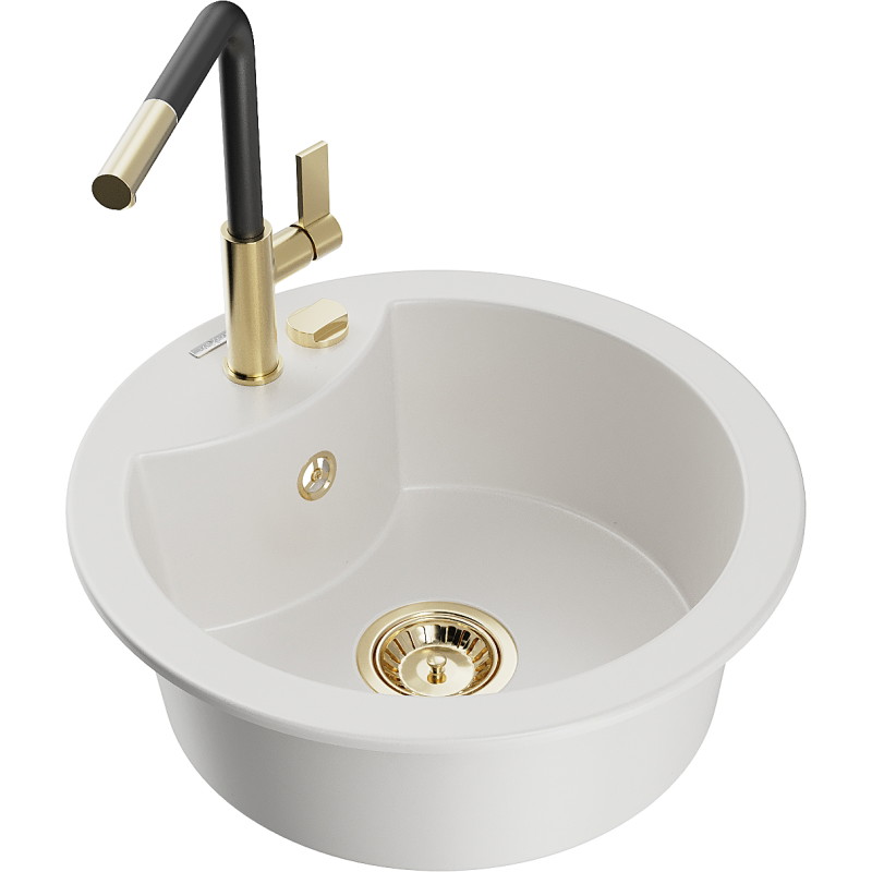Mexen Diego granite single-bowl sink with Flora kitchen faucet, white - 6512-20-670401-57-G