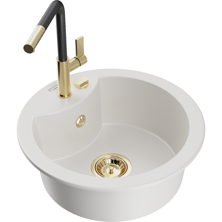 Mexen Diego 1-bowl granite sink with Flora kitchen tap, white - 6512-20-670401-57-G