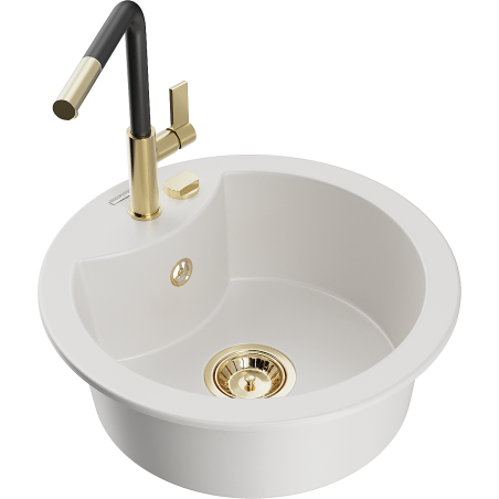 Mexen Diego granite single-bowl sink with Flora kitchen faucet, white - 6512-20-670401-57-G