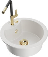 Mexen Diego 1-bowl granite sink with Flora kitchen tap, white - 6512-20-670401-57-G