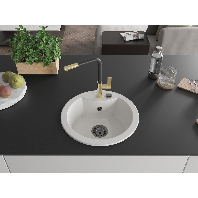 Mexen Diego 1-bowl granite sink with Flora kitchen faucet, white - 6512-20-670401-57-B