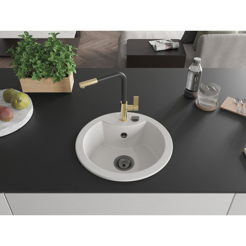 Mexen Diego 1-bowl granite sink with Flora kitchen tap, white - 6512-20-670401-57-B
