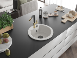 Mexen Diego granite kitchen sink 1-bowl with Flora kitchen faucet, white - 6512-20-670401-57-B