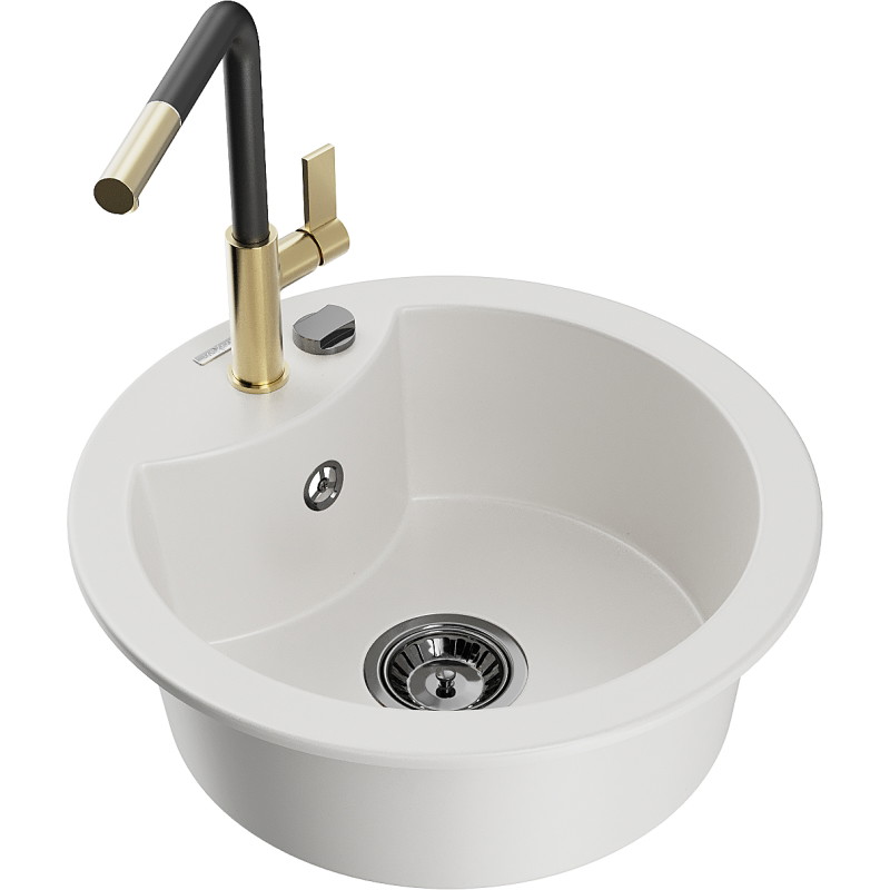 Mexen Diego 1-bowl granite sink with Flora kitchen faucet, white - 6512-20-670401-57-B