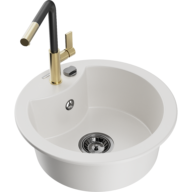Mexen Diego 1-bowl granite sink with Flora kitchen tap, white - 6512-20-670401-57-B