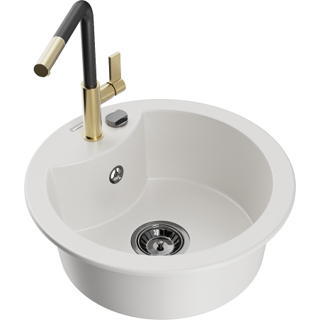 Mexen Diego granite kitchen sink 1-bowl with Flora kitchen faucet, white - 6512-20-670401-57-B