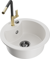 Mexen Diego 1-bowl granite sink with Flora kitchen faucet, white - 6512-20-670401-57-B