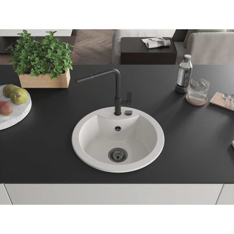 Mexen Diego 1-bowl granite sink with Flora kitchen faucet, white - 6512-20-670401-70-B