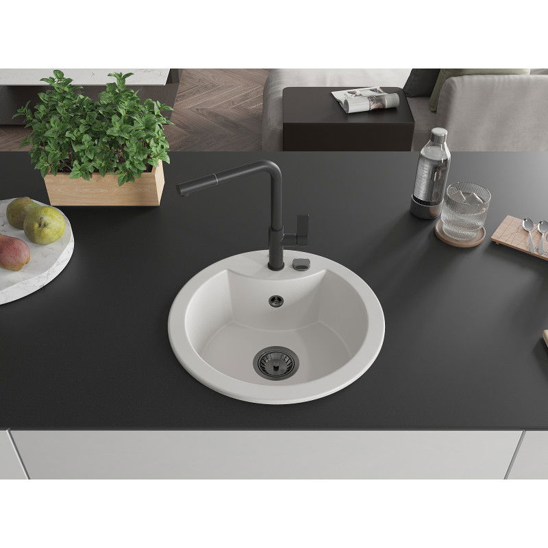 Mexen Diego 1-bowl granite sink with Flora kitchen tap, white - 6512-20-670401-70-B