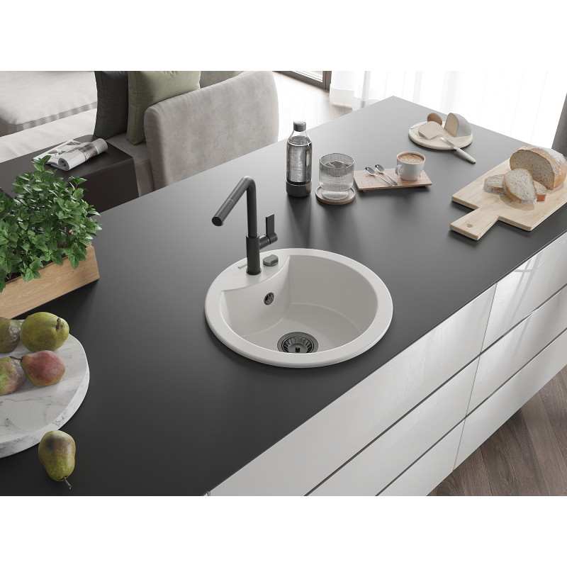 Mexen Diego 1-bowl granite sink with Flora kitchen faucet, white - 6512-20-670401-70-B