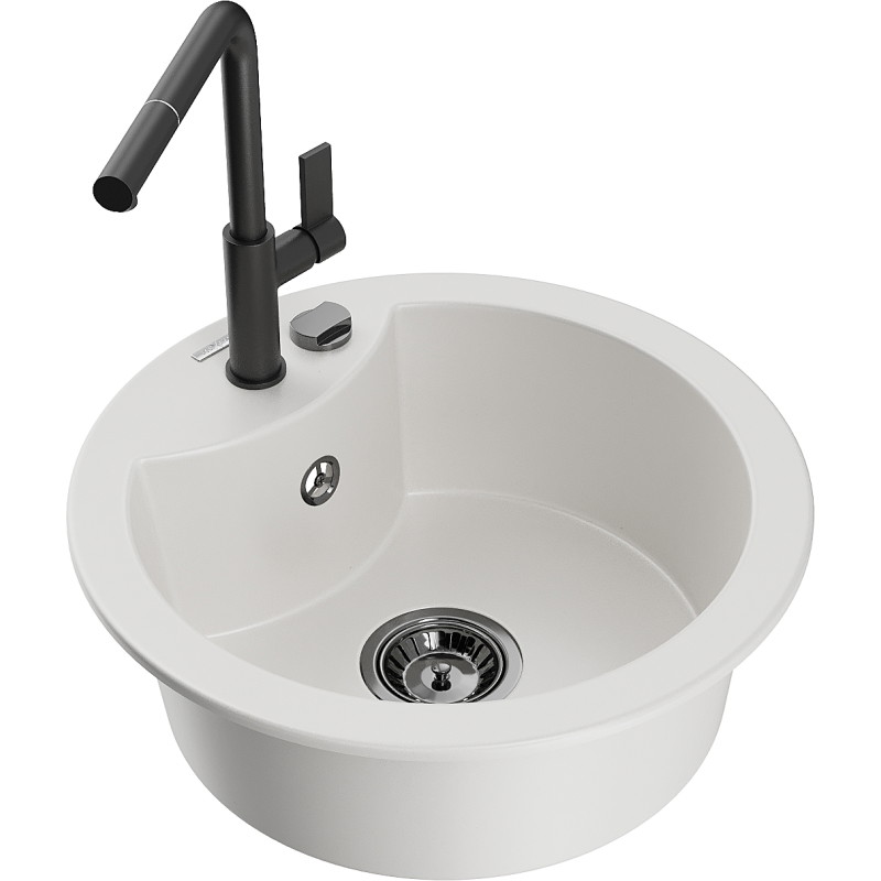 Mexen Diego 1-bowl granite sink with Flora kitchen faucet, white - 6512-20-670401-70-B