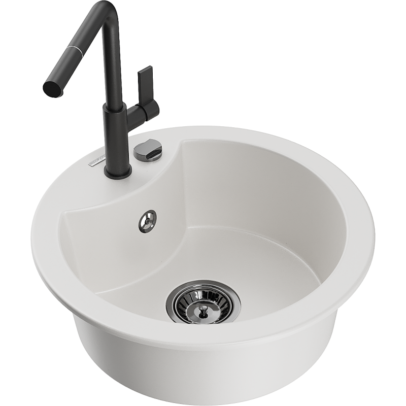Mexen Diego 1-bowl granite sink with Flora kitchen tap, white - 6512-20-670401-70-B