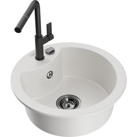 Mexen Diego 1-bowl granite sink with Flora kitchen faucet, white - 6512-20-670401-70-B